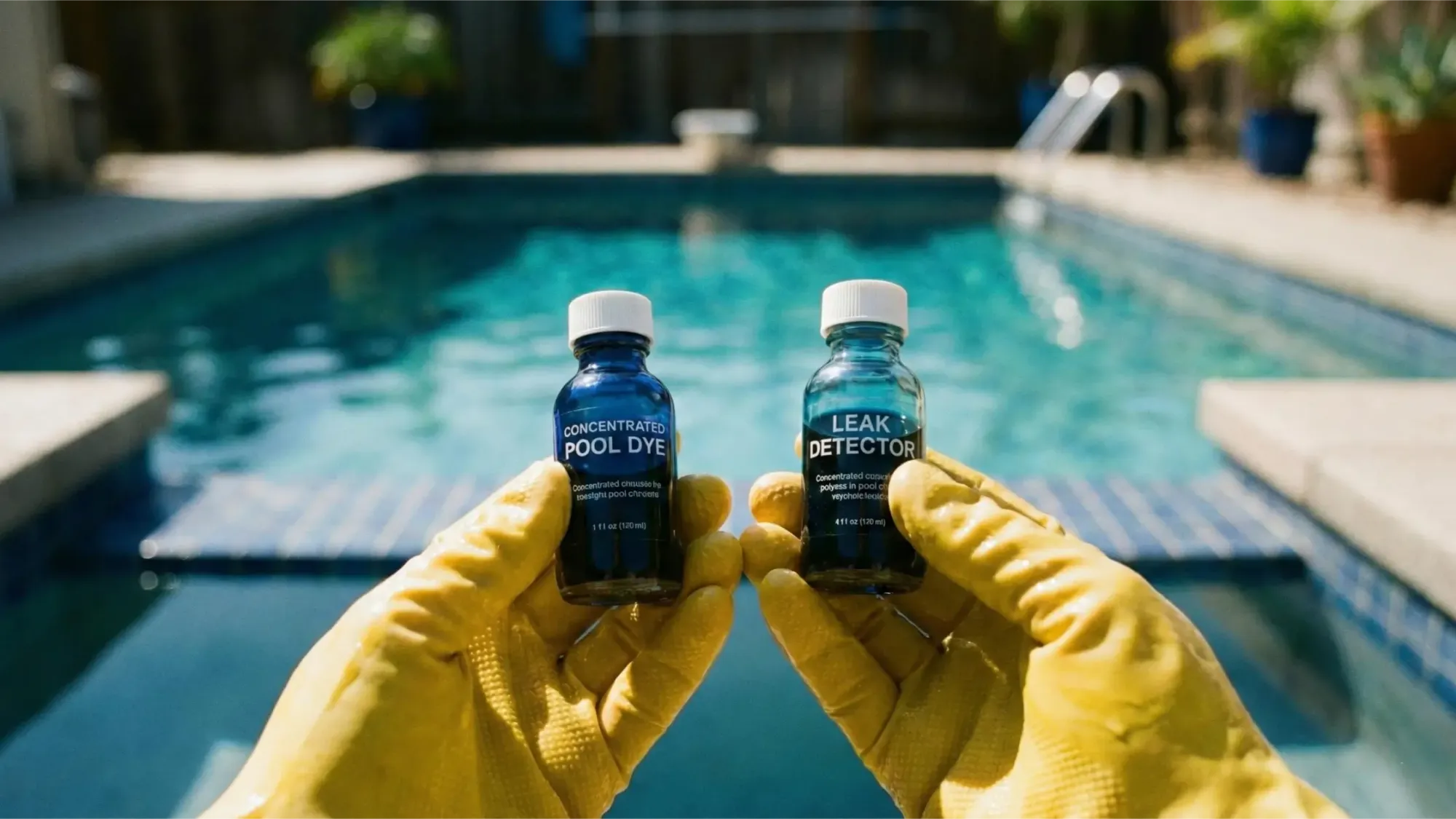 Gloved hands holding bottles of concentrated professional pool leak dye and leak detector solution.