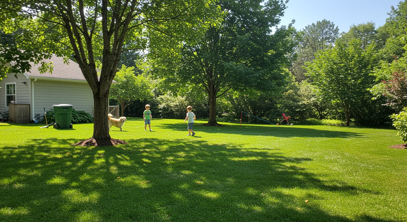 Children and a dog playing safely on a lush, green, chemical-free lawn under sunny skies.