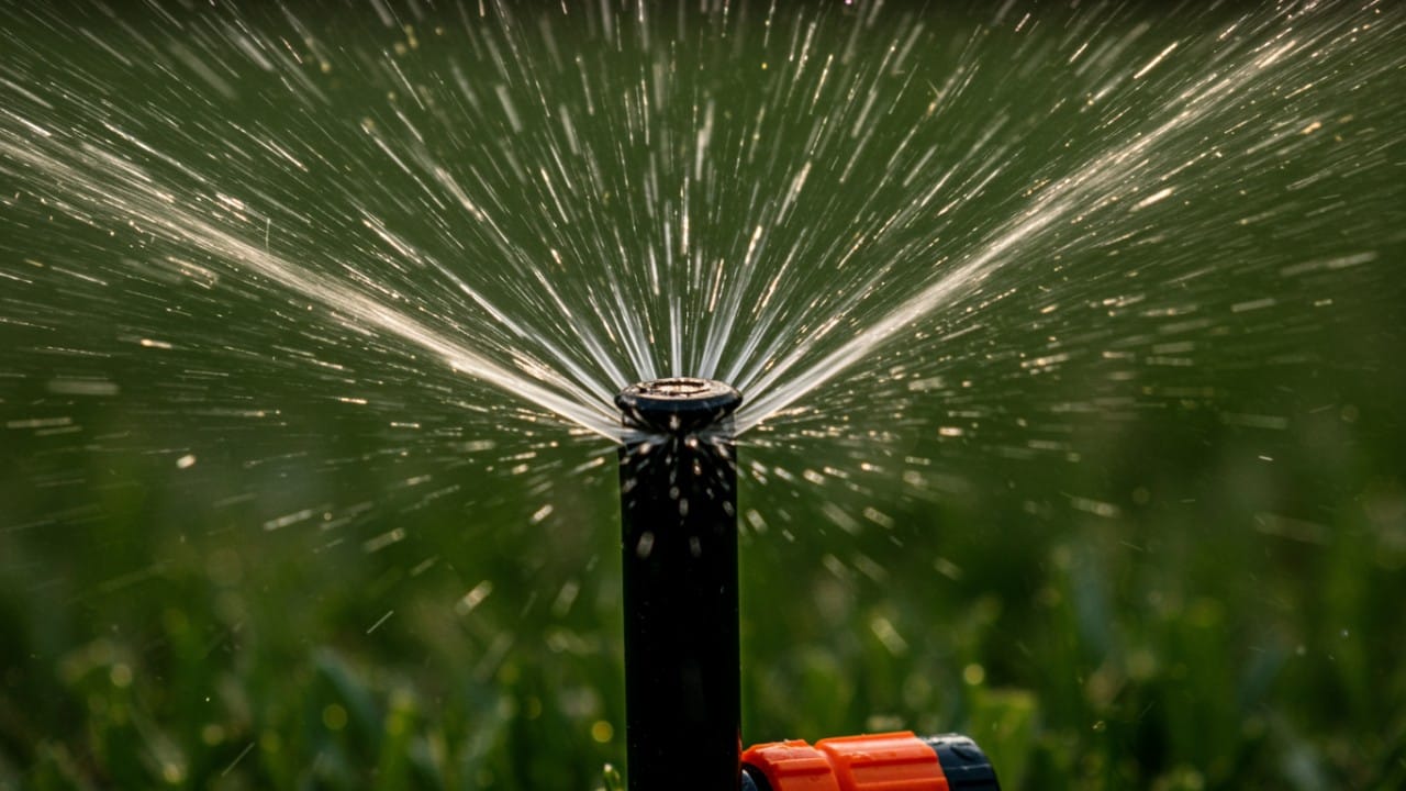 A close-up photo of a lawn sprinkler spraying water.