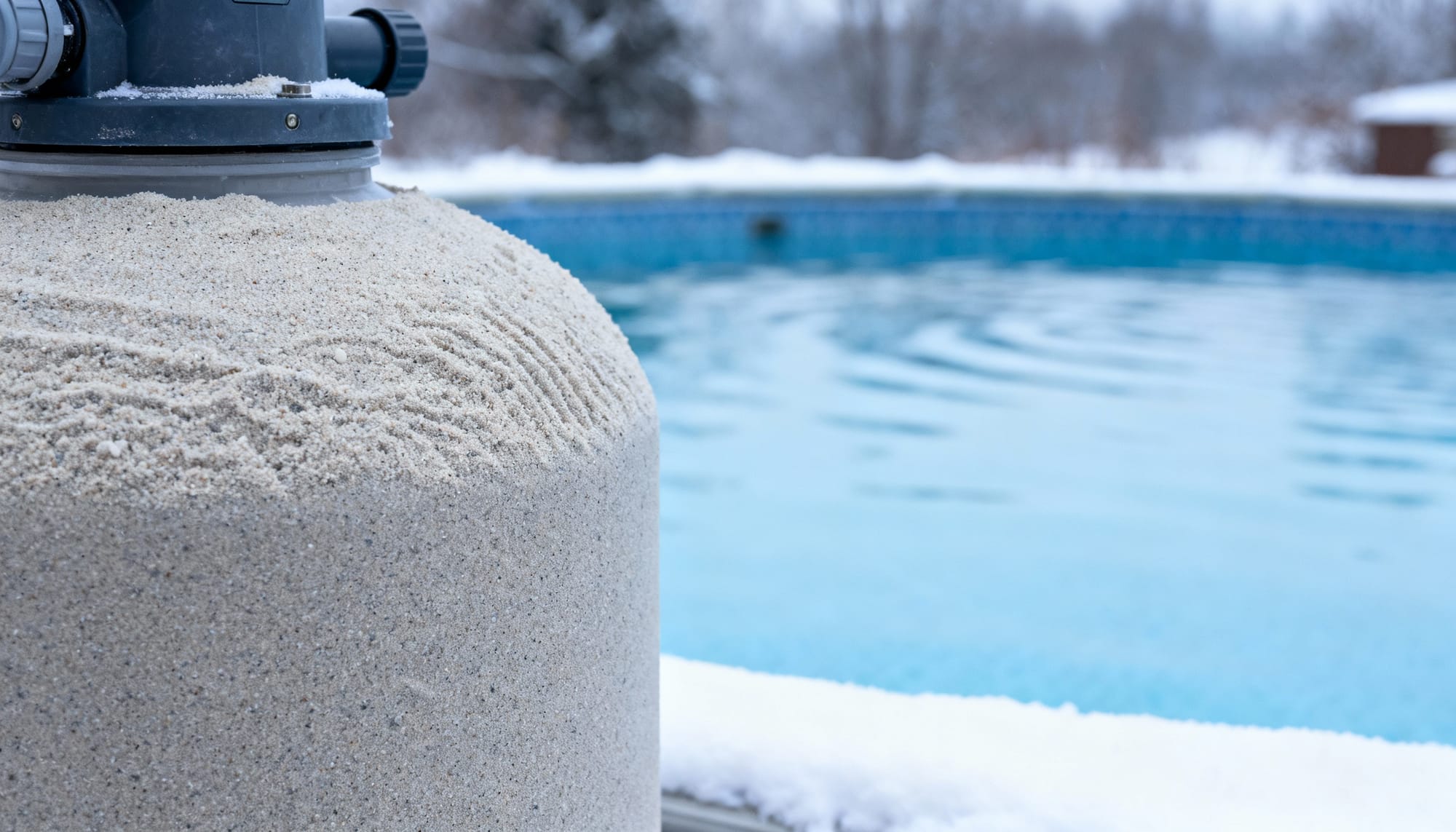 Close-up of fine sand media inside a pool filter tank next to an above ground pool covered in snow.