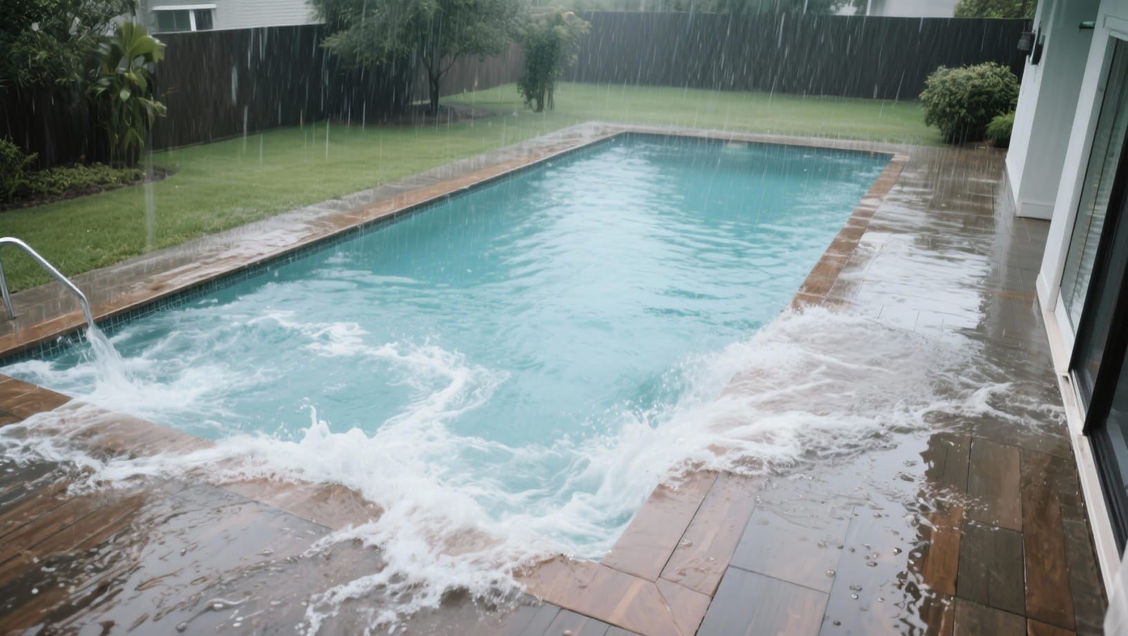  residential swimming pool where the water level is clearly overflowing onto the deck