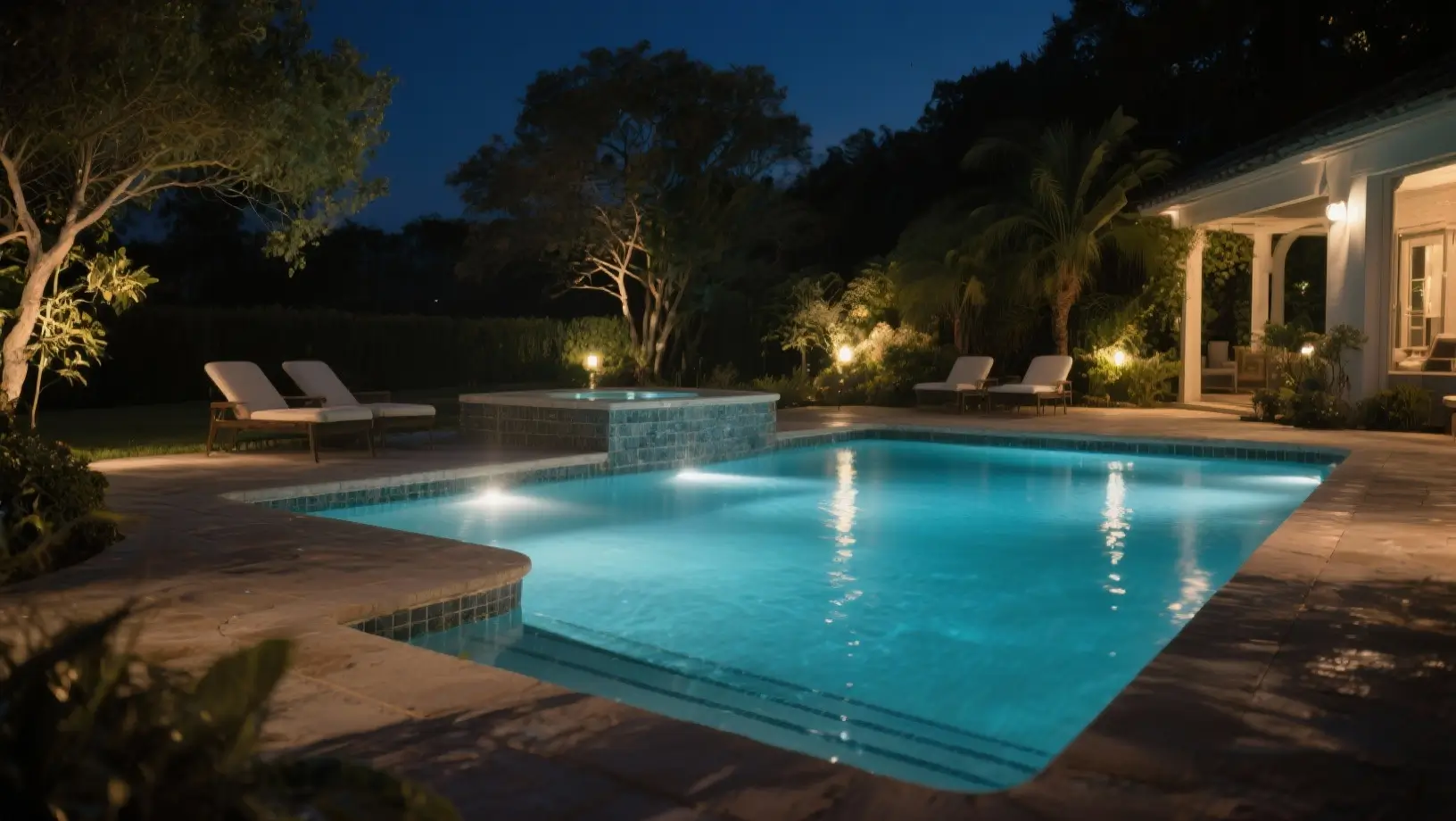 Illuminated rectangular pool with light at night.