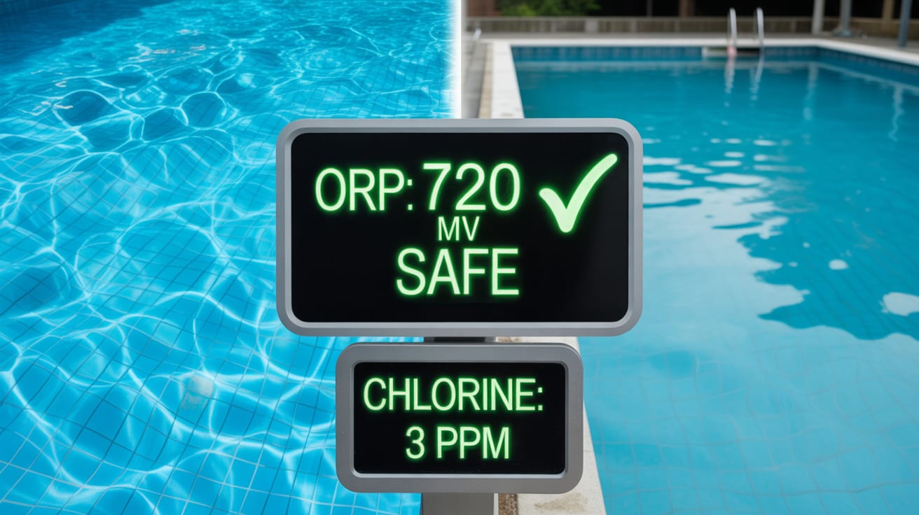 A photorealistic, split-screen image showing a sparkling, safe swimming pool on the left and a slightly murky, green-tinged pool on the right.