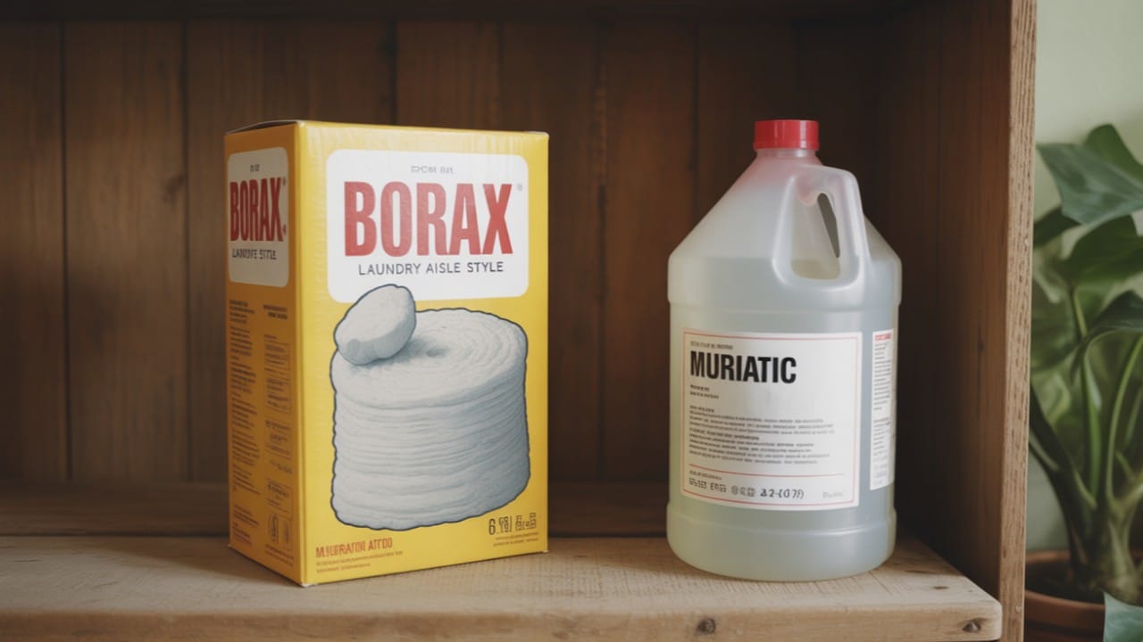 A box of borax and a jug of muriatic acid representing the budget-friendly but labor-intensive method of adding pool borates.