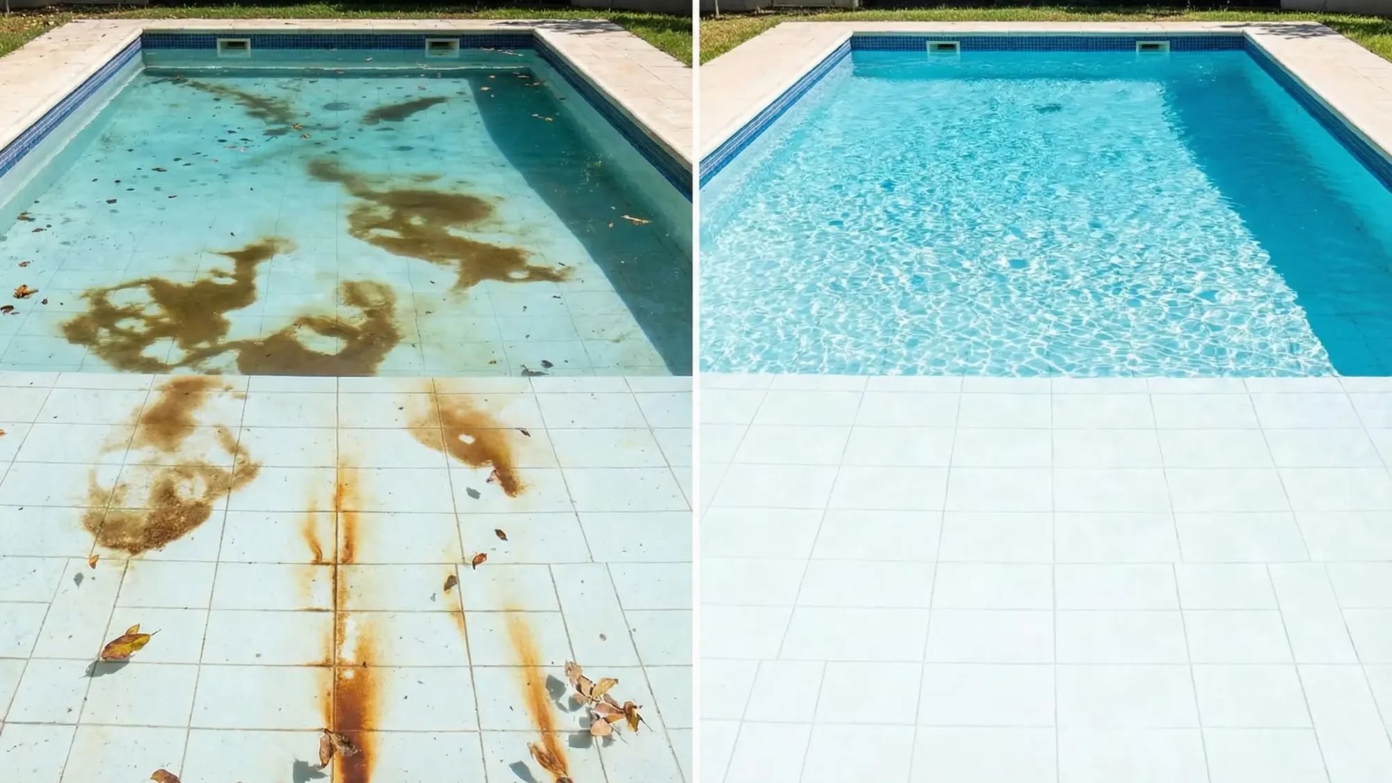 Comparison of a pool with rust and organic stains alongside a perfectly clean pool.