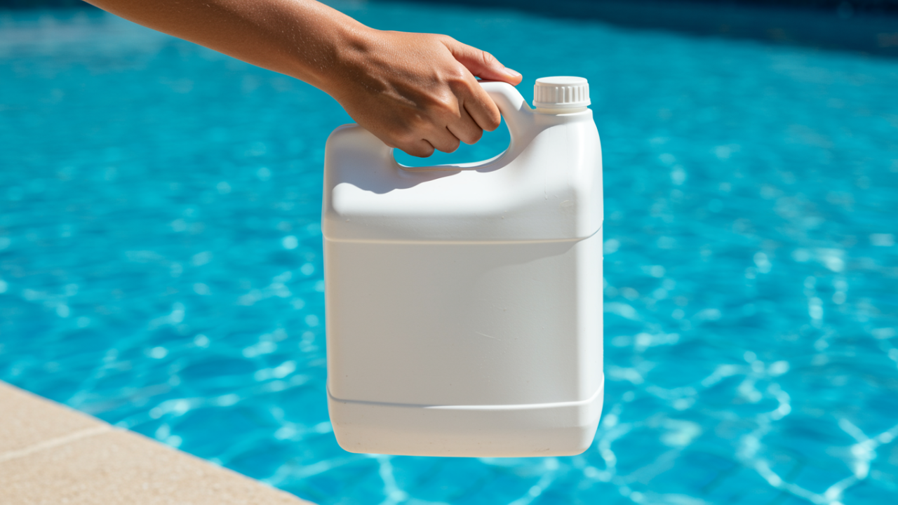 A homeowner holding a jug of household bleach in front of a blue swimming pool to demonstrate using it for sanitization.