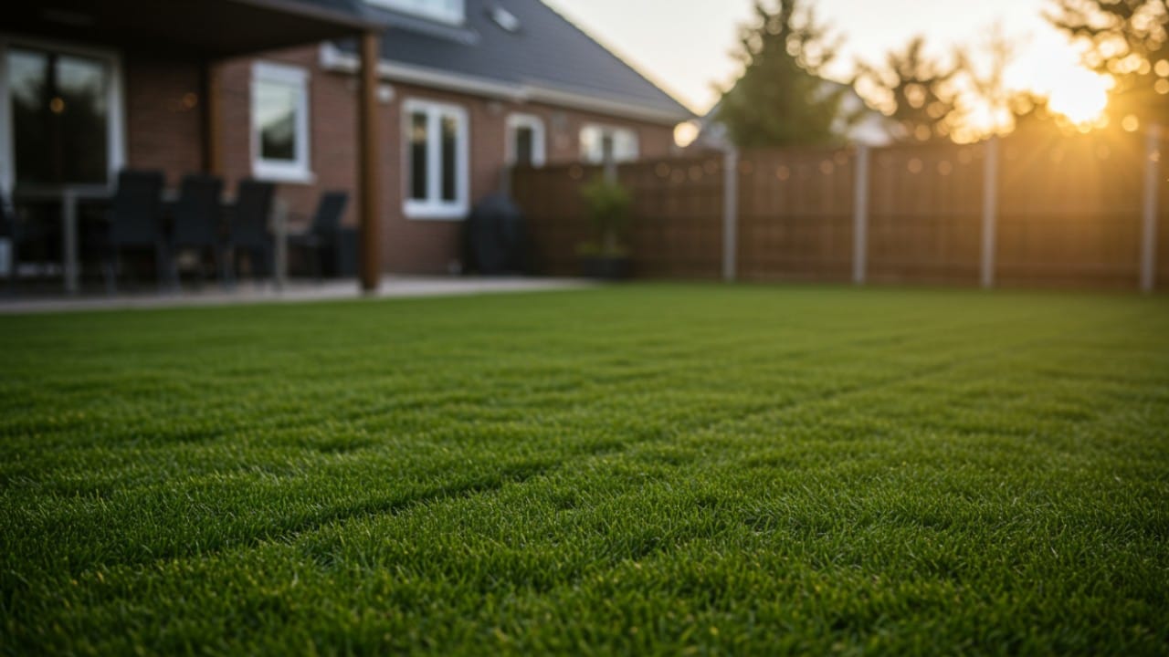 A wide view of a residential backyard with freshly laid sod rolls ready for immediate watering.