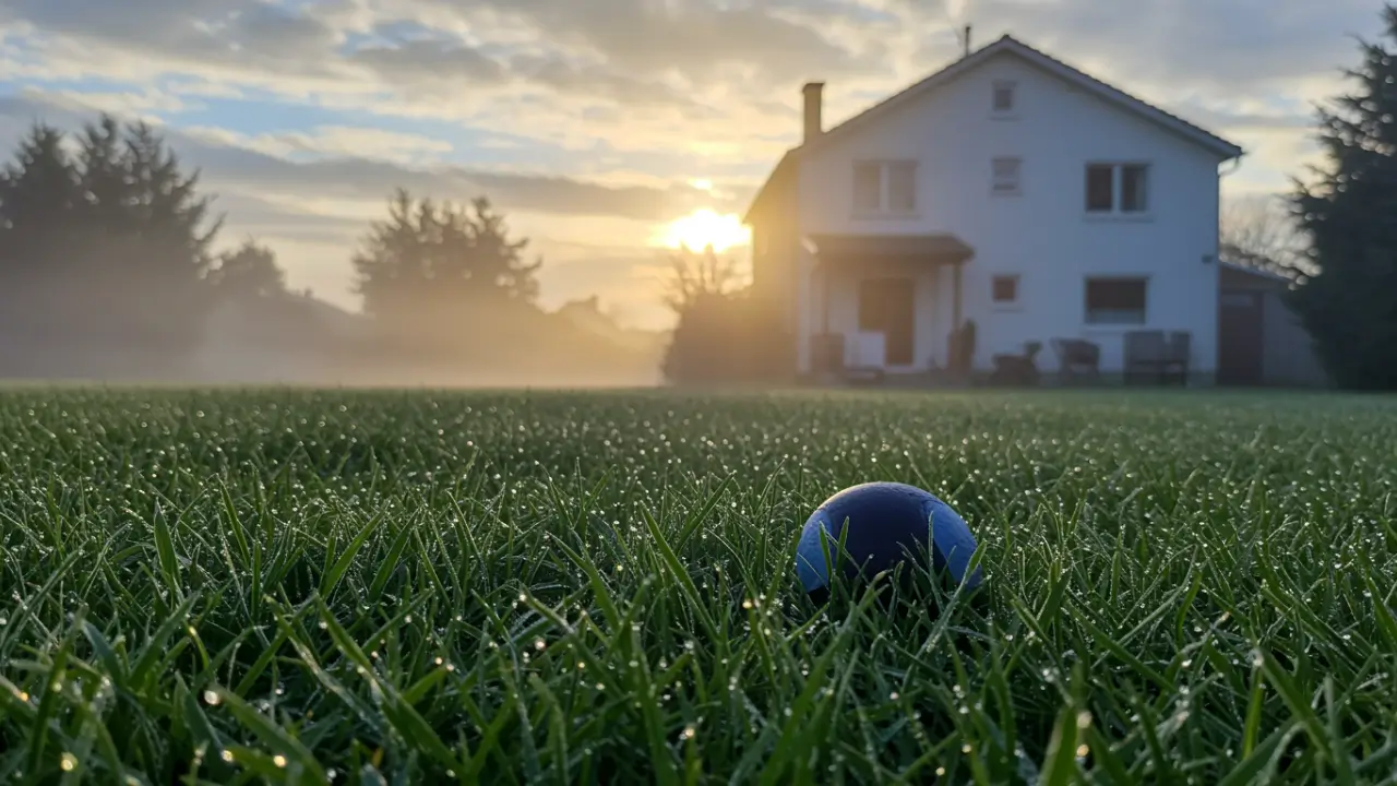Lush green lawn glistening in early morning sunlight, illustrating the ideal condition for considering how long after rain to water the lawn.