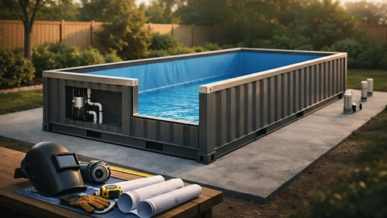 How to make a shipping container pool with a reinforced steel frame on a concrete base