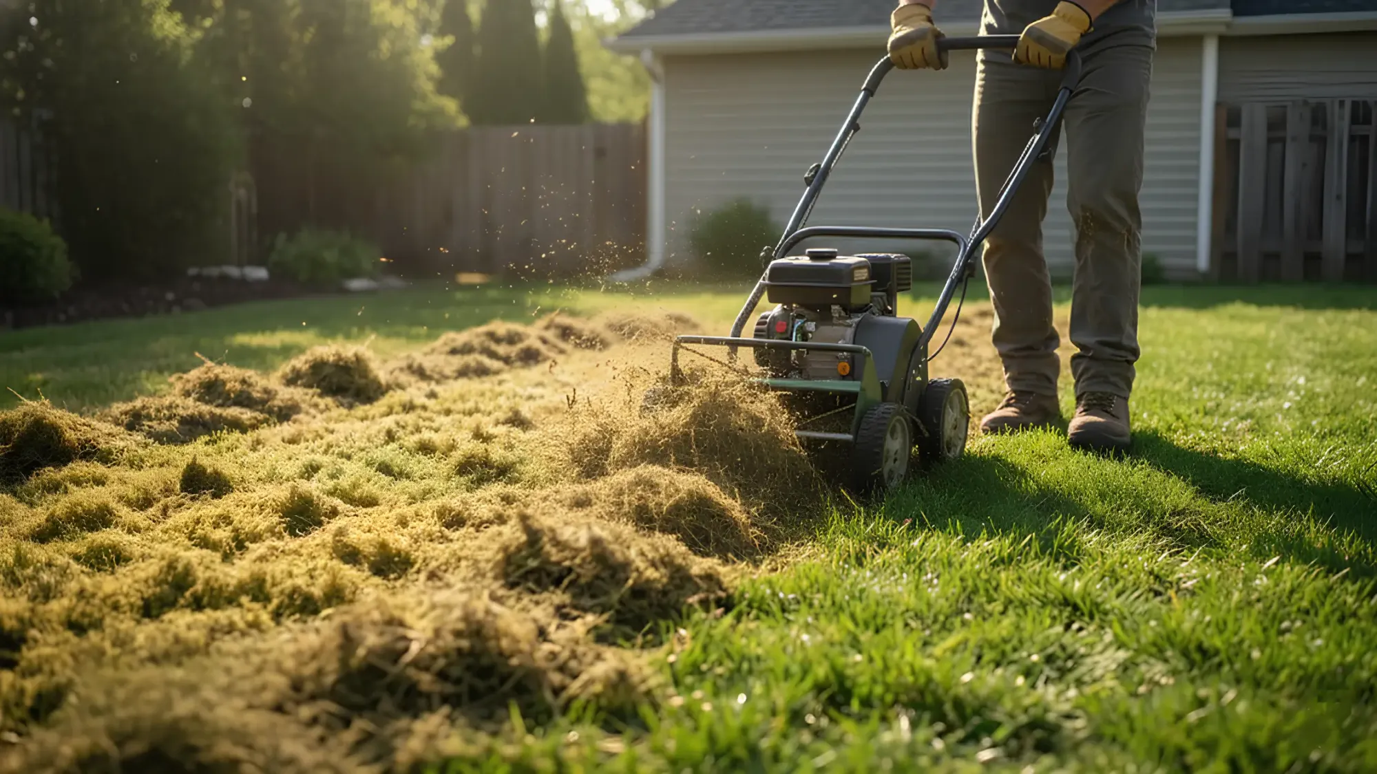 Feature image for how to dethatch a lawn showing a homeowner using a dethatcher to remove thatch with a subtle before-and-after lawn recovery look.