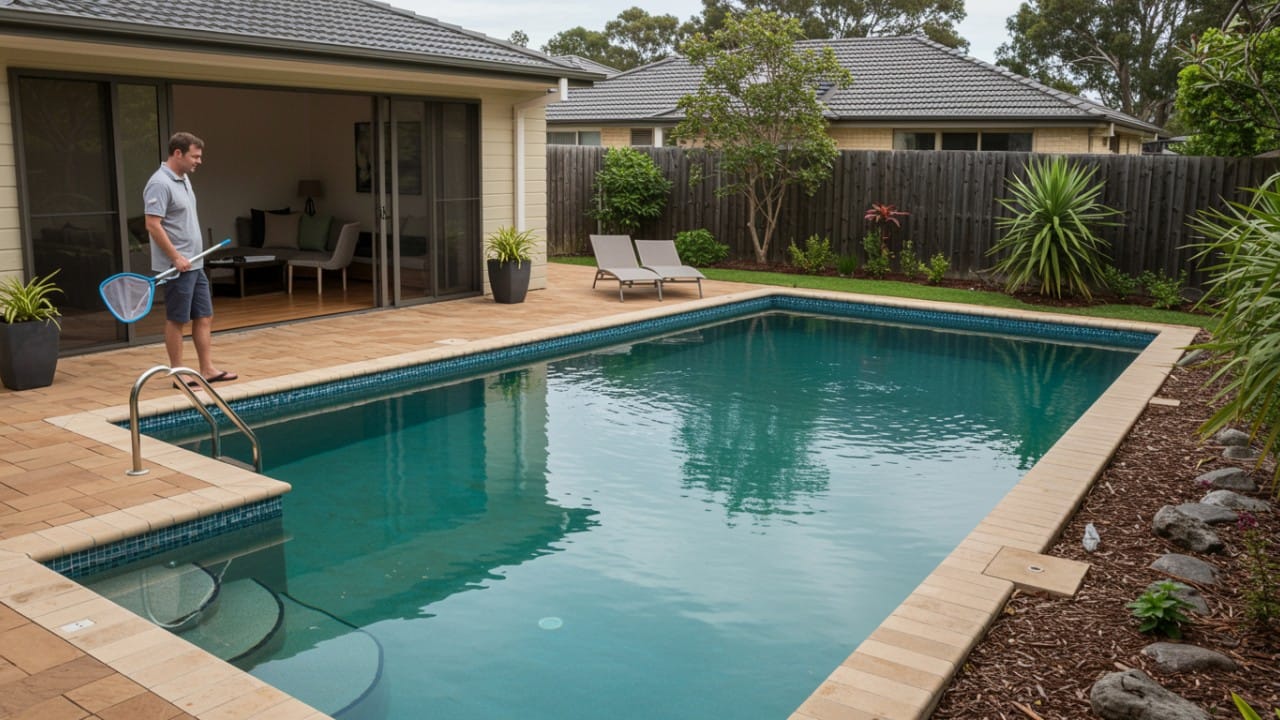 Homeowner inspecting slightly cloudy pool water caused by high phosphate levels in a backyard.