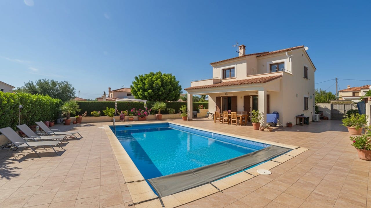 Open swimming pool in modern European villa backyard, cover rolled up, clear water and floating leaves, first swim of summer vibe