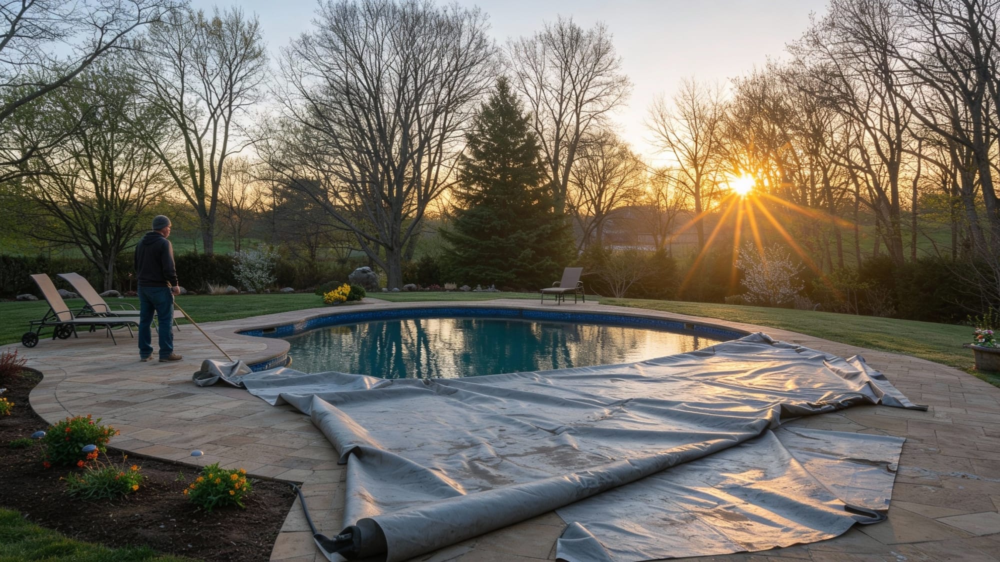 Besitzer bereitet den Gartenpool beim Auswintern auf die Badesaison vor.