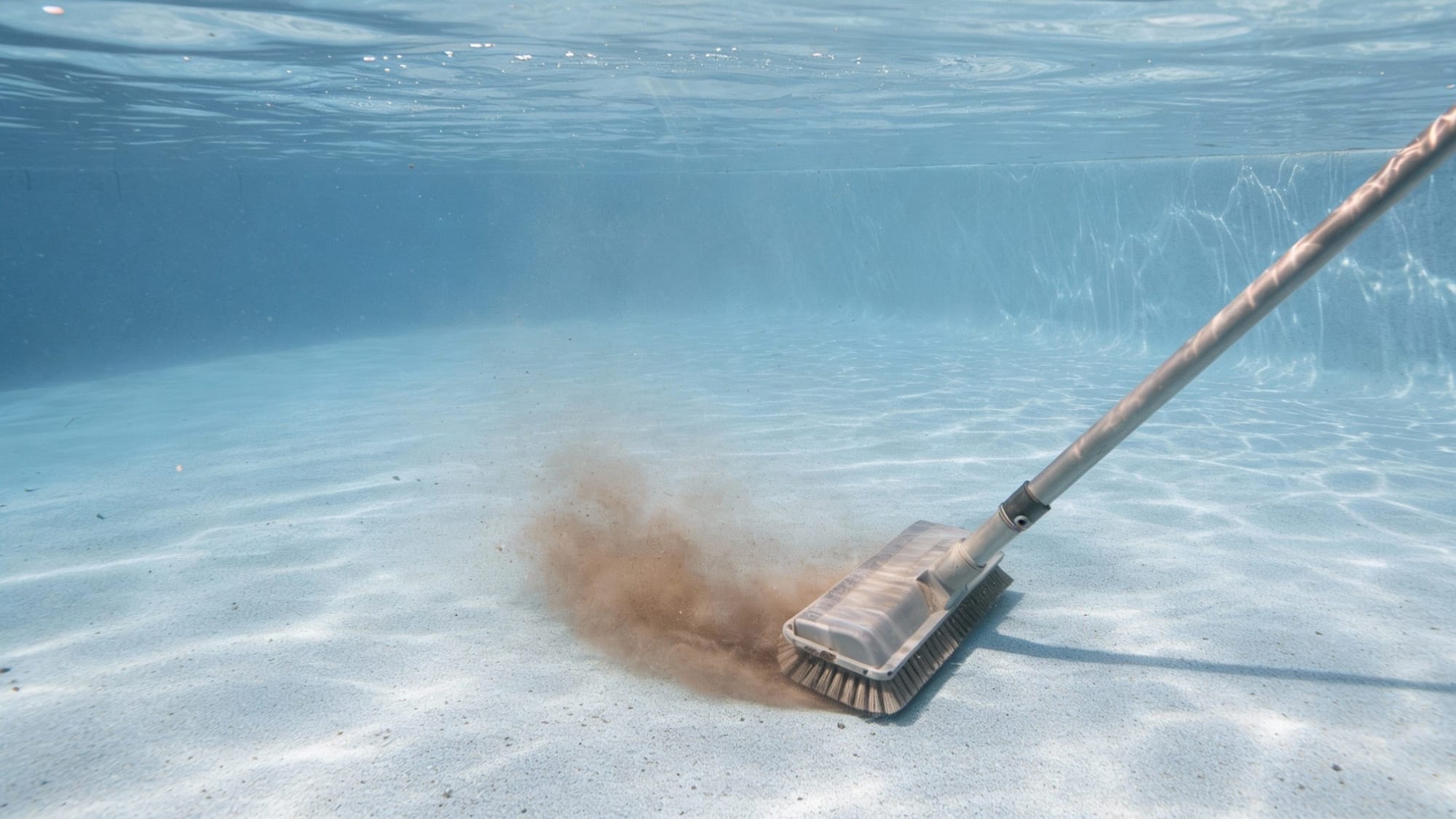 An underwater view of a pool brush head stirring up a cloud of fine dust and silt from the floor.