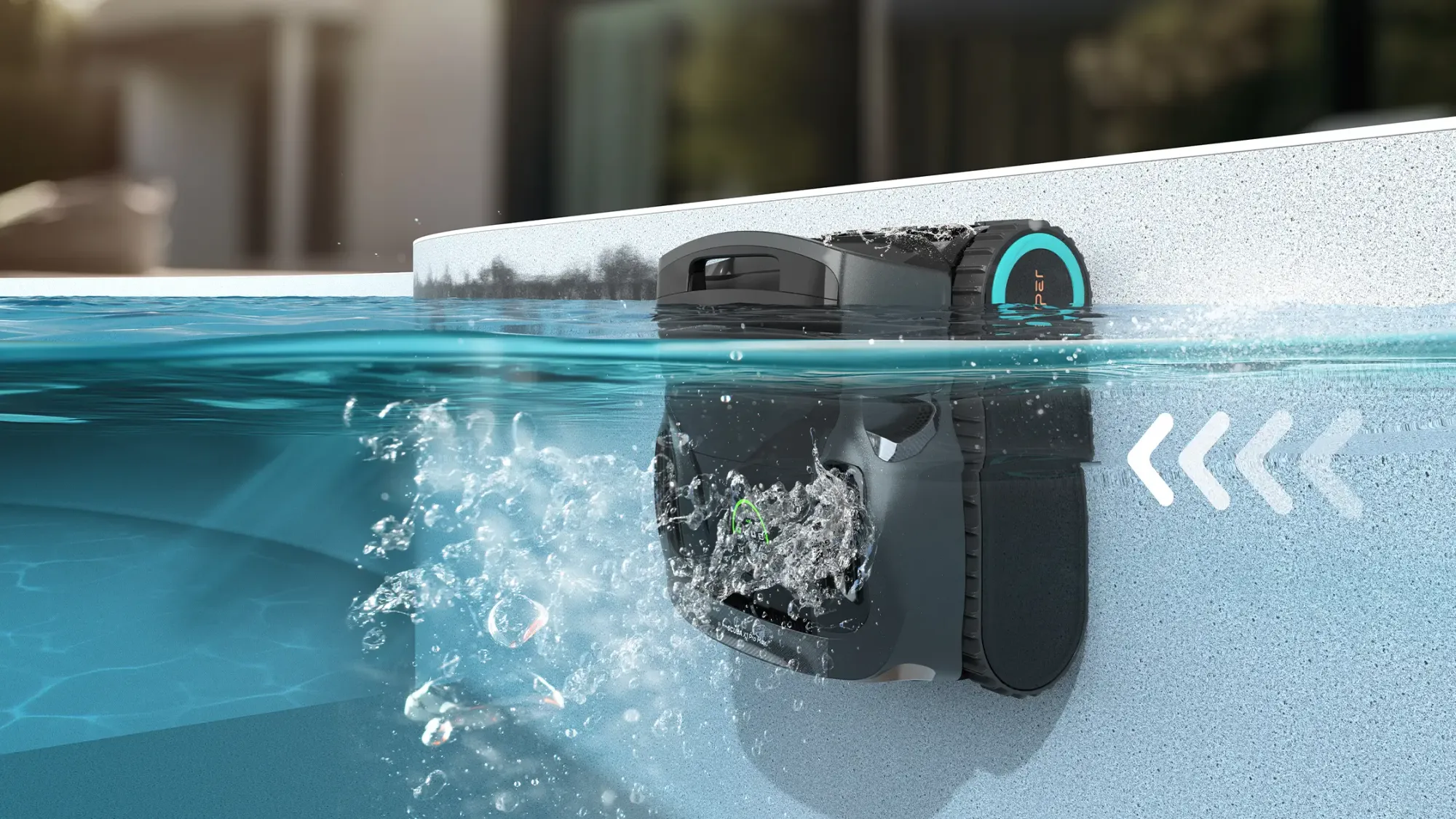 A pool robot scrubbing and cleaning the pool waterline.