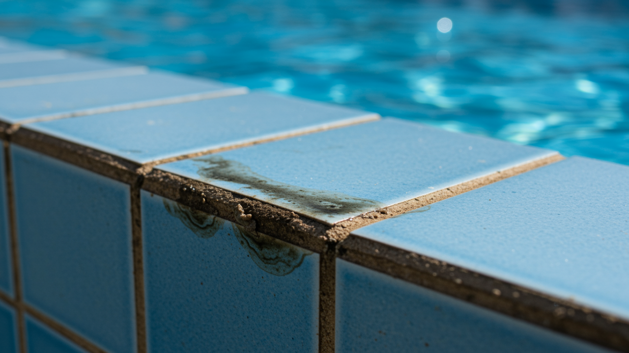 A close-up view of a dirty swimming pool waterline showing a greasy scum line buildup on blue tiles.