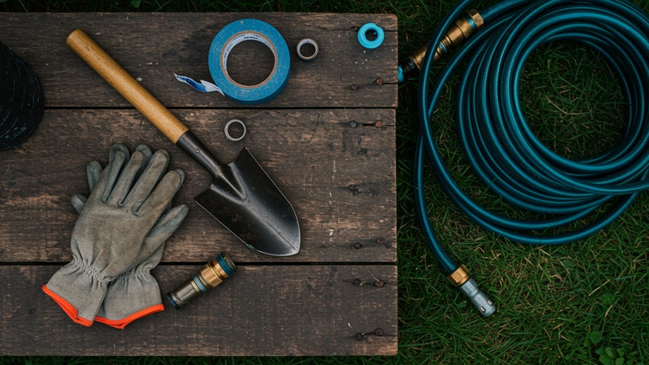 On the workbench in the corner of the backyard, there were some gardening tools and a roll of PTFE tape.