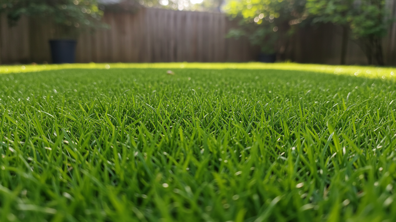 A lush green lawn maintained at the best mowing height for summer to withstand heat stress.