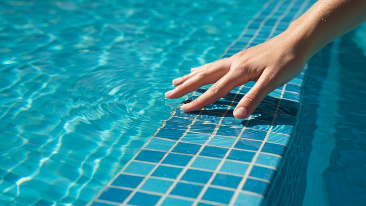 Hand checking swimming pool tiles for slippery biofilm layer.