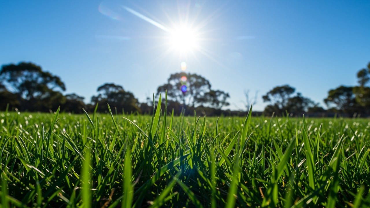 A lush green drought-tolerant lawn thriving under a hot bright sun during summer.