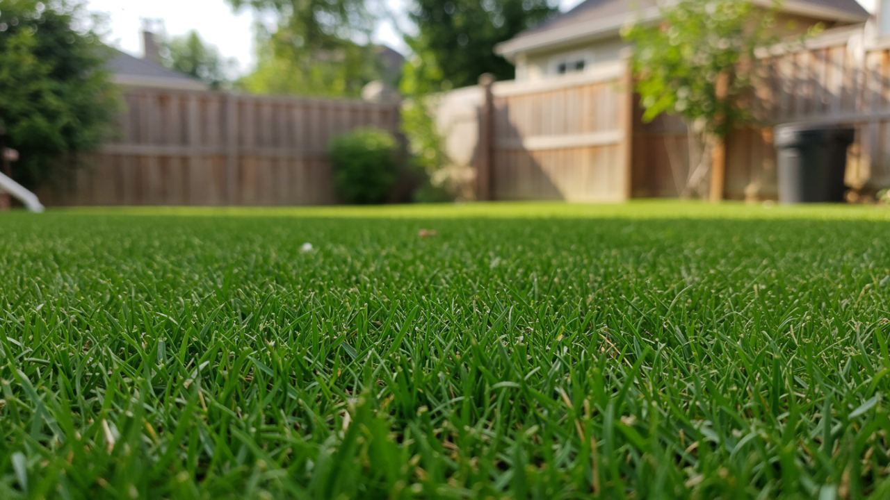 A lush, green backyard lawn glowing in the sunset, representing the ideal results of proper lawn aeration.