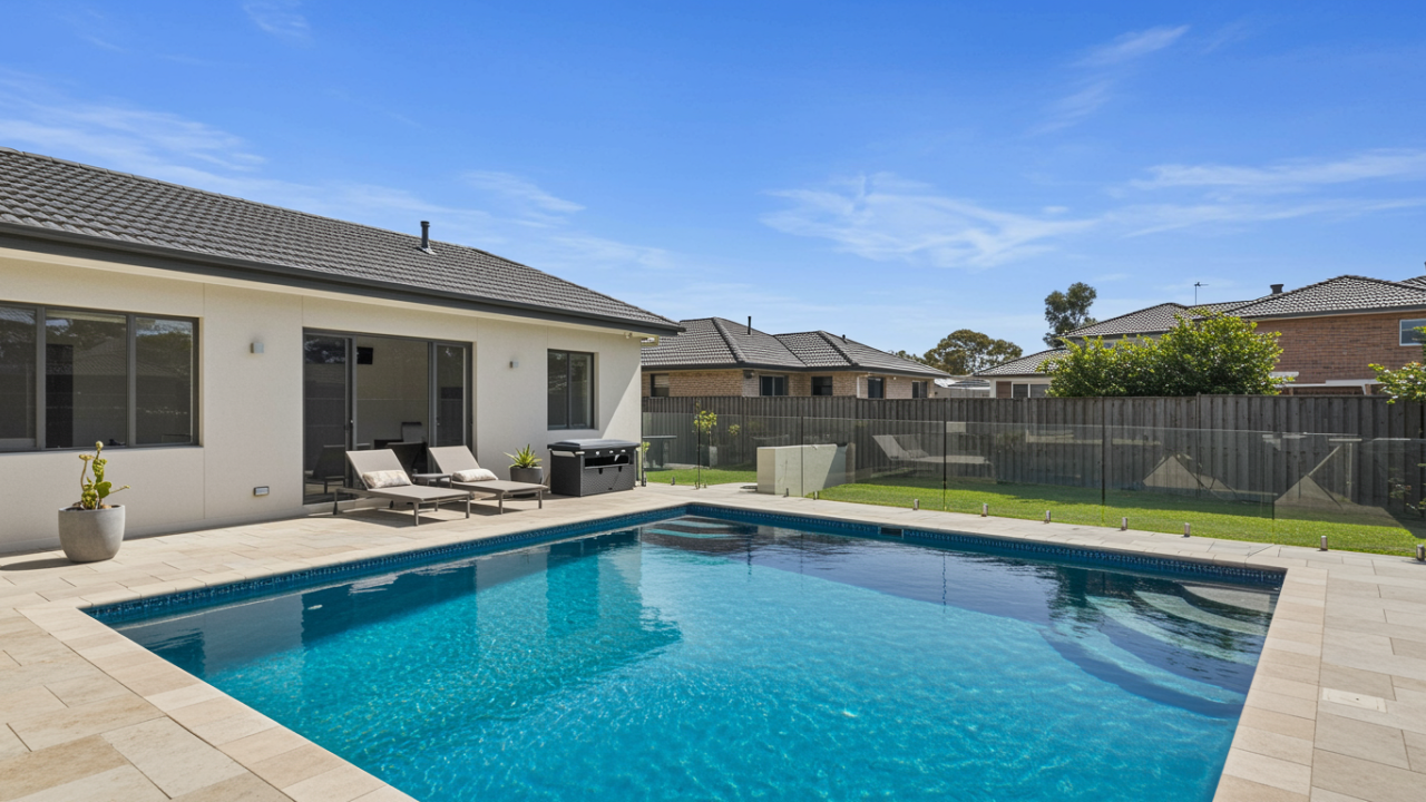 A pristine backyard swimming pool in Australia with sparkling blue water, illustrating the results of learning how to look after a pool.