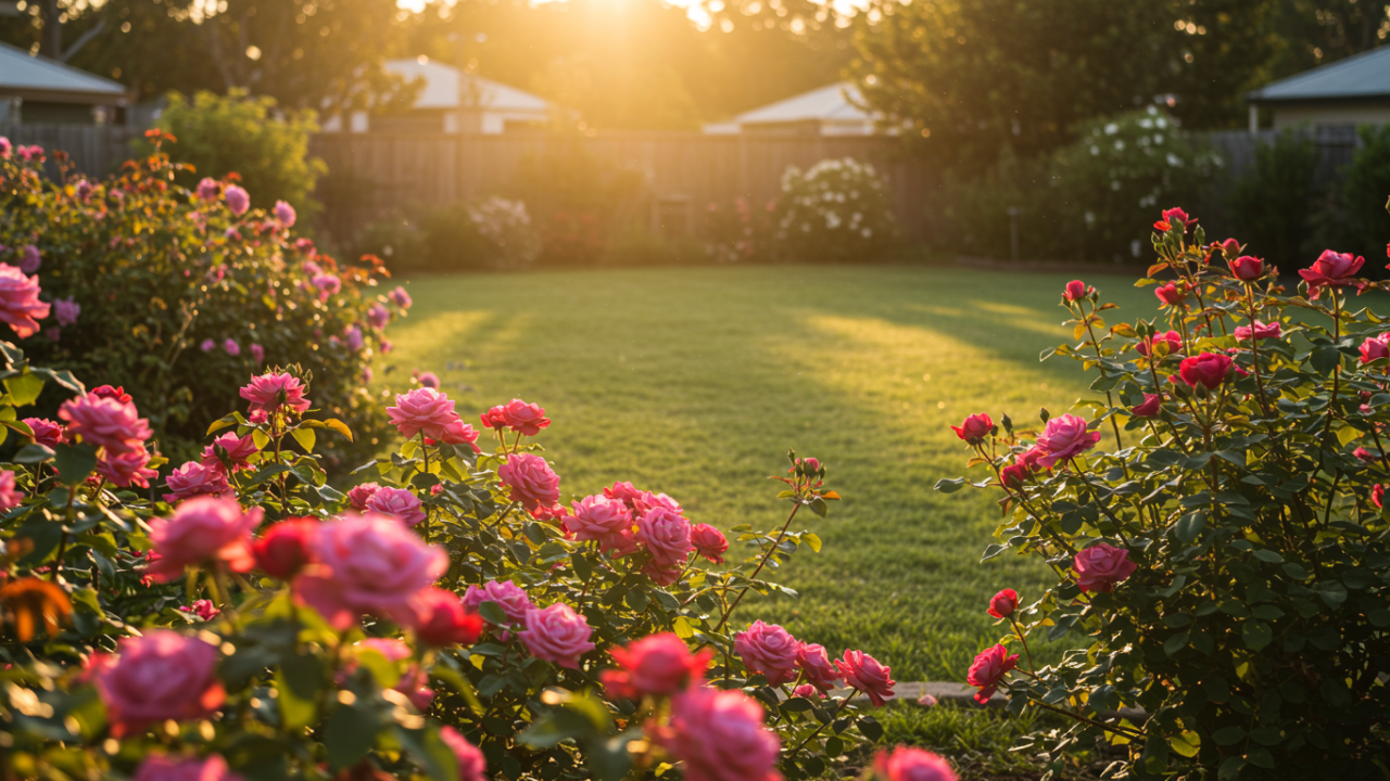 Vibrant blooming rose bushes in the foreground with a healthy green lawn in a sunny Australian backyard.
