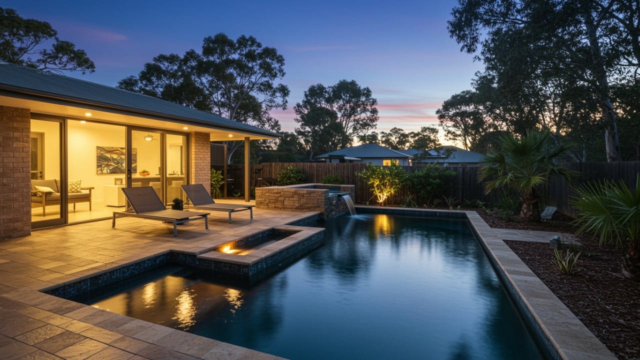 A modern Australian resort-style pool with a dark finish and in-water sun loungers surrounded by native landscaping.
