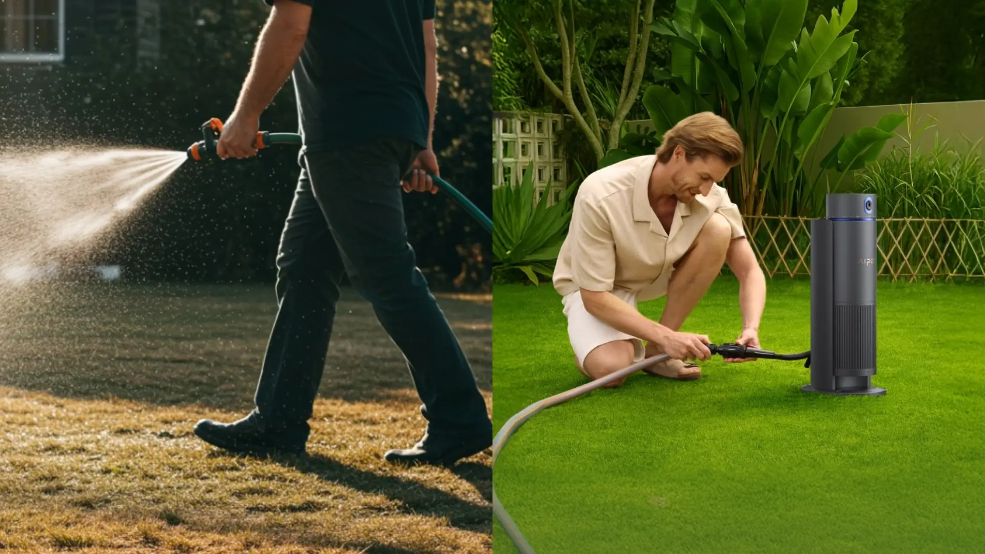 Manual hose watering vs smart irrigation system keeping an Australian lawn green in summer heat.