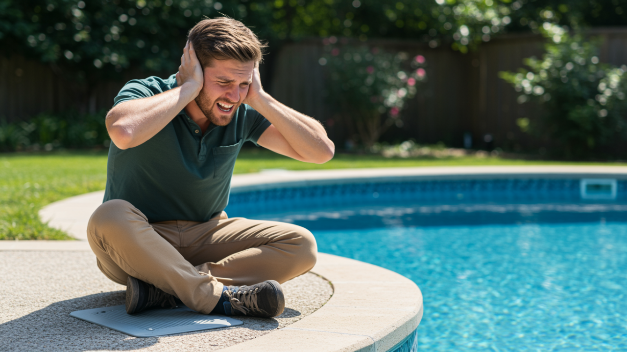 A homeowner covering their ears next to loud pool equipment, illustrating pump noise issues.