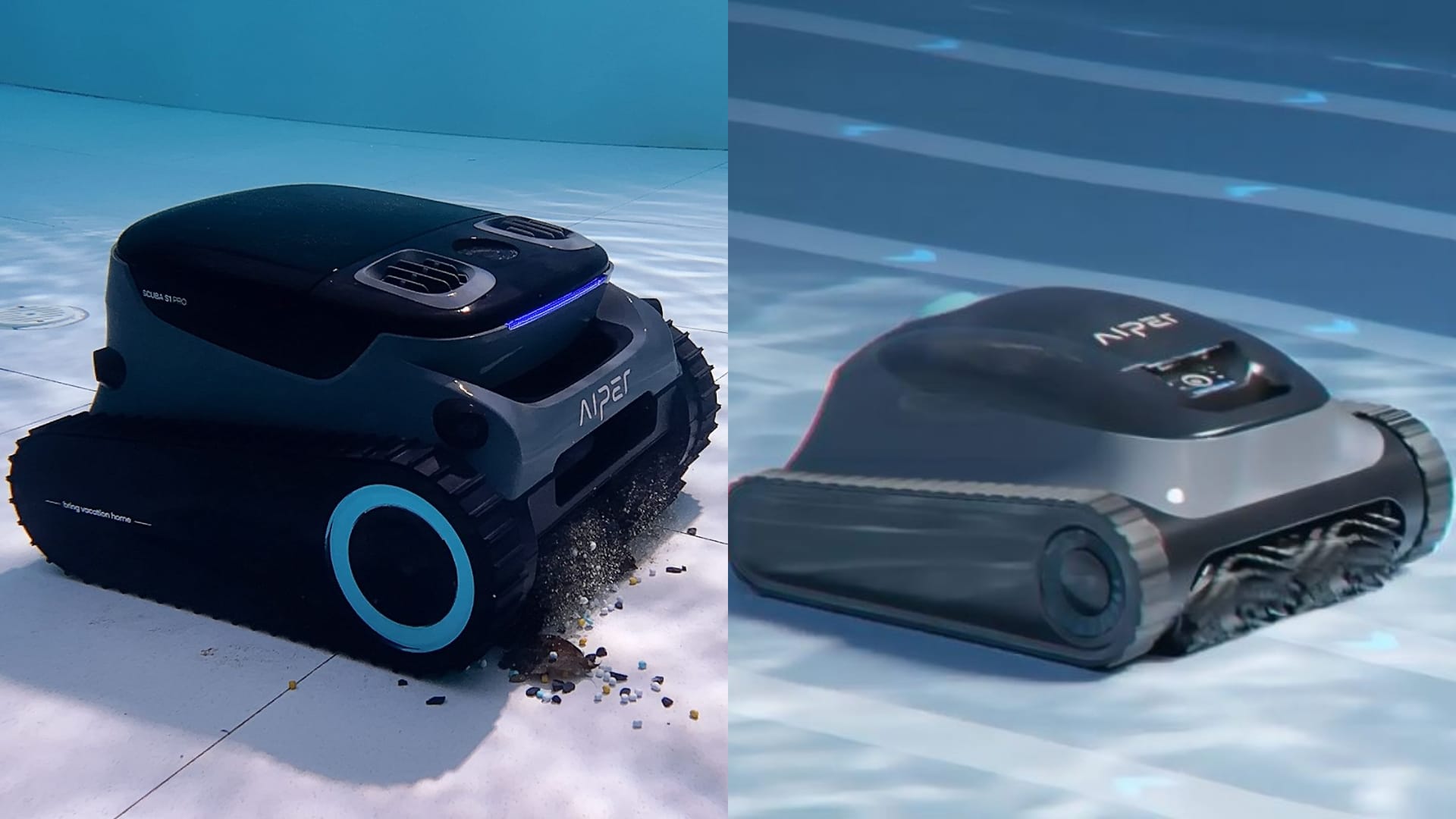 Aiper Scuba S1 Pro and X1 Pro Max robotic pool cleaners compared in a backyard pool