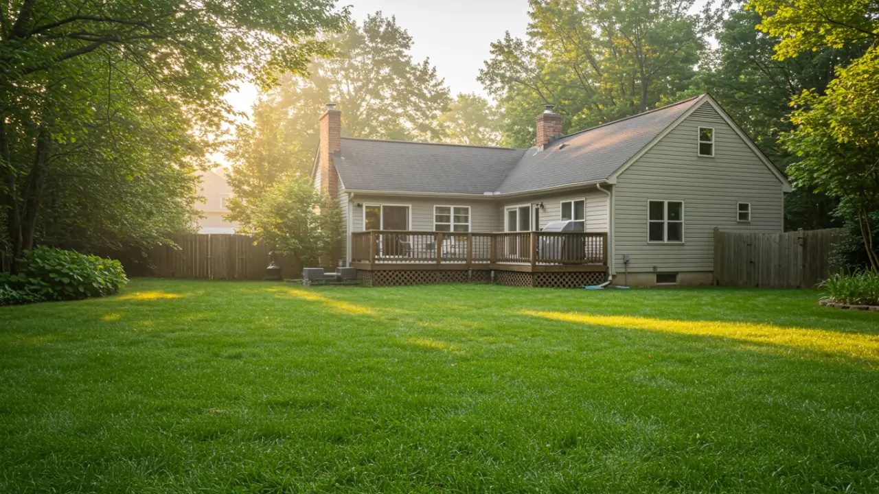 Lush green backyard lawn bathed in soft spring morning sunlight.