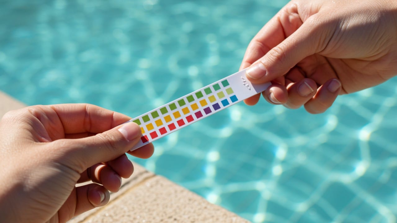 A pool owner checking the water hardness in their pool using a chemical test strip on a sunny day.