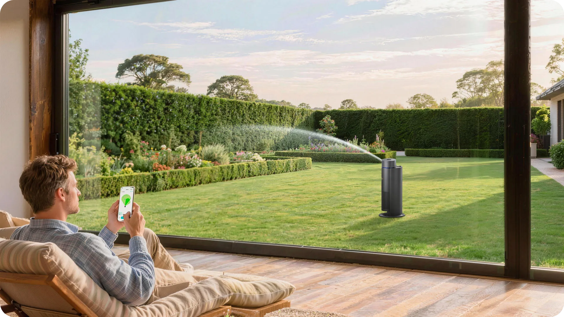 A homeowner relaxing by a lush green lawn irrigated by a no-dig DIY sprinkler system setup.