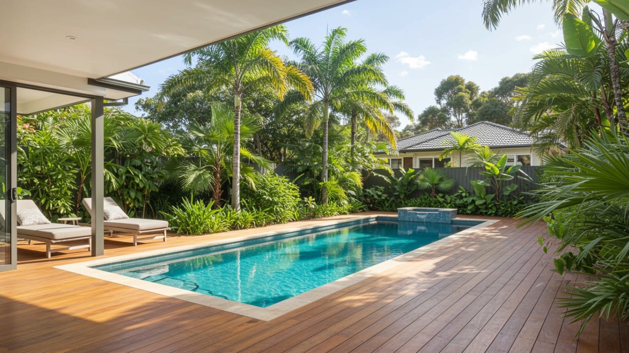 A crystal-clear backyard pool beautifully maintained without falling for common swimming pool myths.