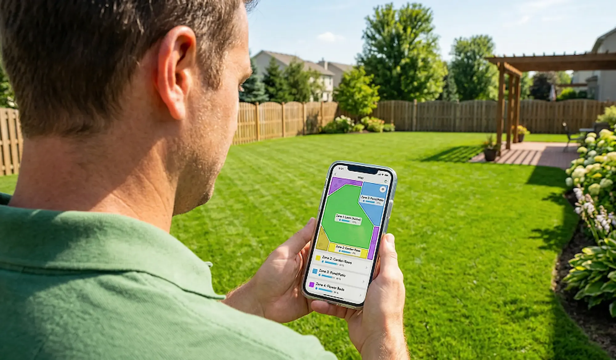 Homeowner using a smartphone app to draw digital watering zones for a sprinkler system layout on a lush lawn.