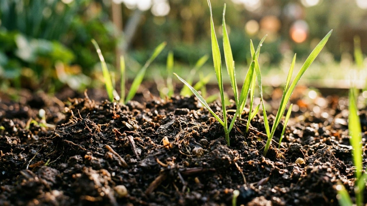Close-up of rich, dark soil teeming with organic matter supporting vibrant green grass growth.