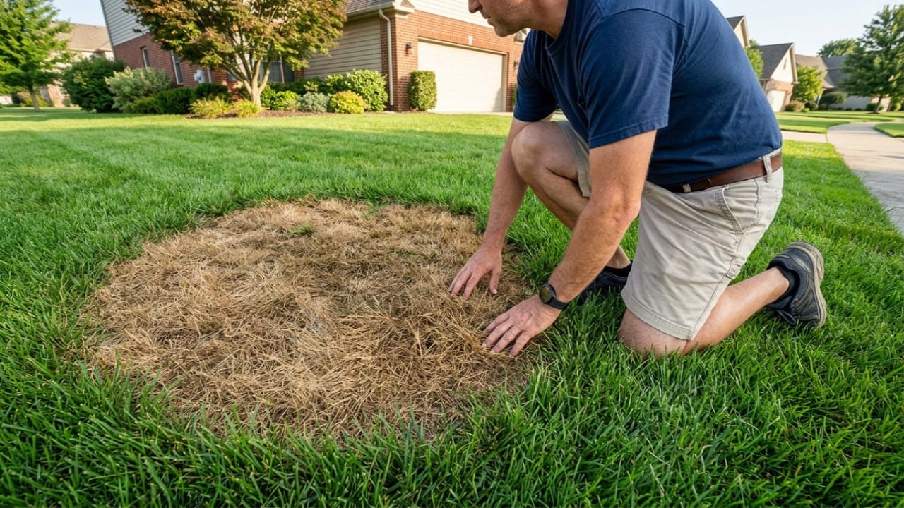 A homeowner crouches down to inspect brown patches on the grass to understand how to identify lawn pests in the yard.