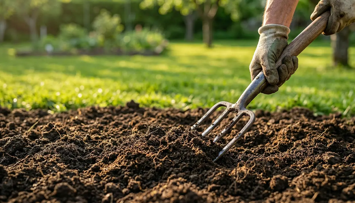 Gardener effortlessly penetrating loose, healthy soil with a fork to fix compaction.