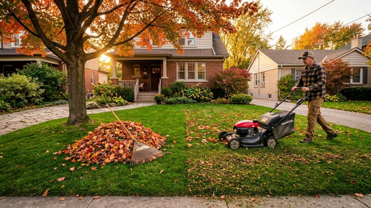 A side-by-side comparison of a raked leaf pile and a mower mulching leaves on an autumn lawn.