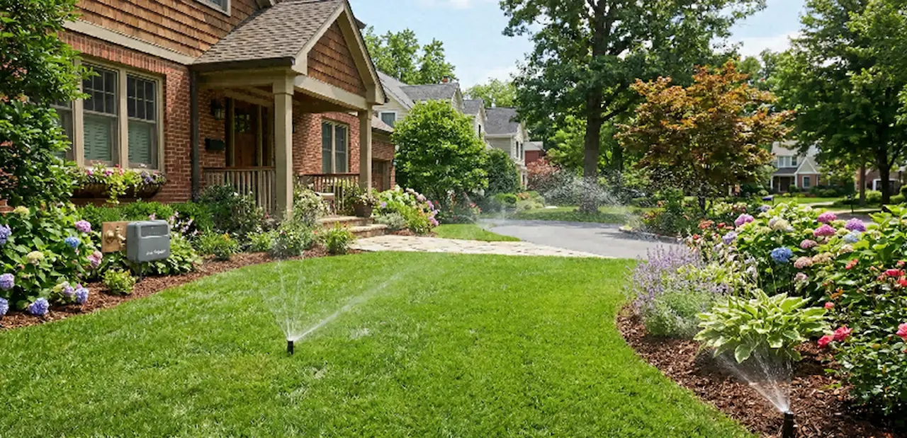 Lush green lawn being watered by a smart above-ground sprinkler system with no digging or trenches visible.