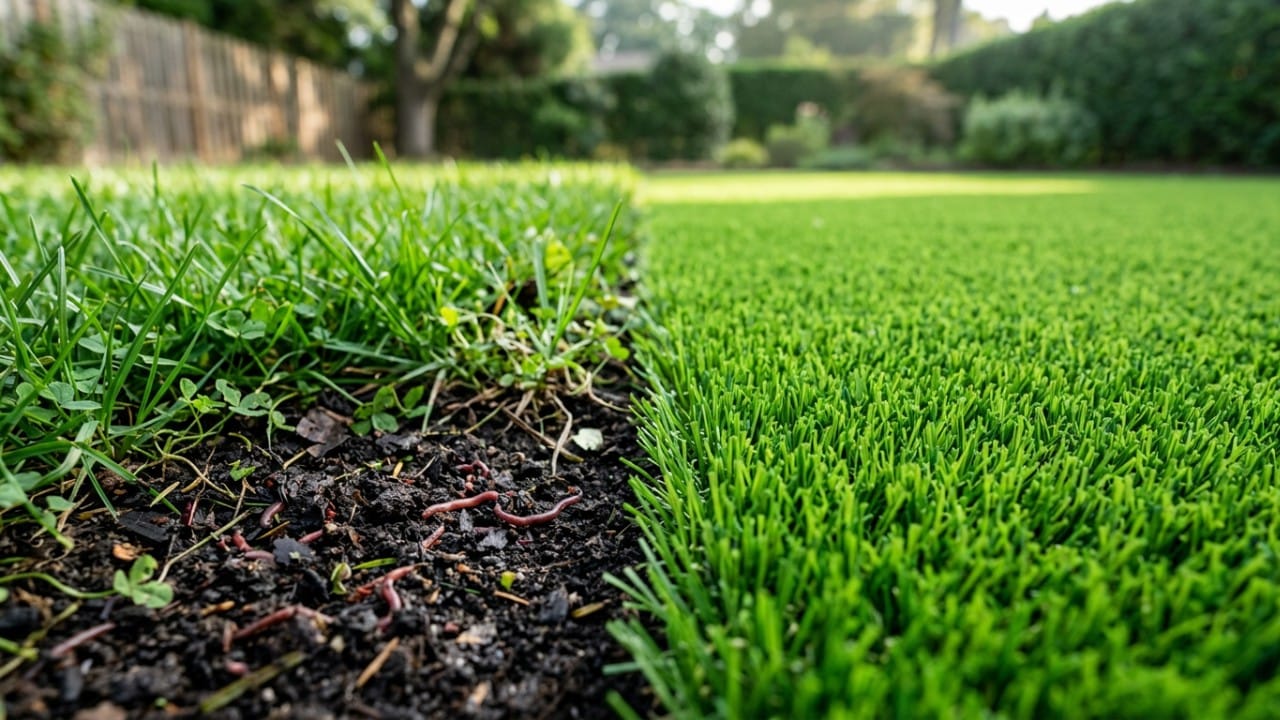 A split view comparing rich organic soil and vibrant synthetic-fed grass for lawn care choices.