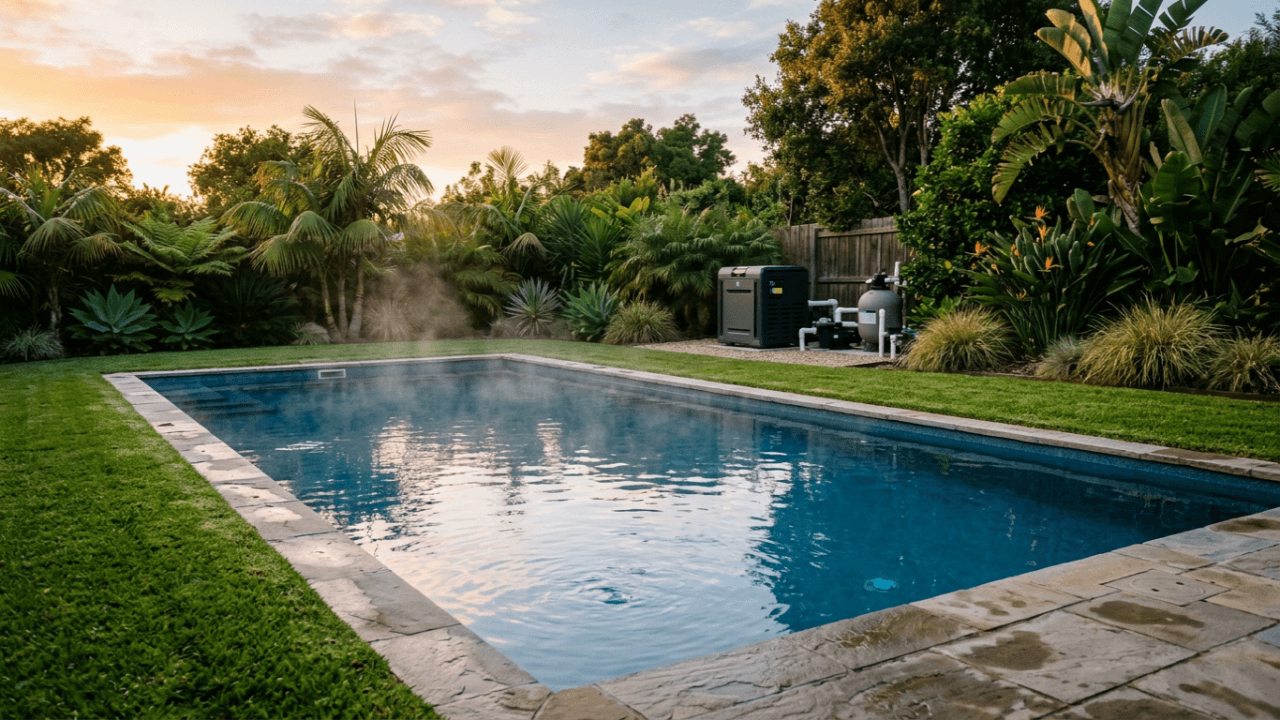 Warm inground swimming pool with steam rising, showing how long it takes to heat a pool using a gas heater in a backyard setting.