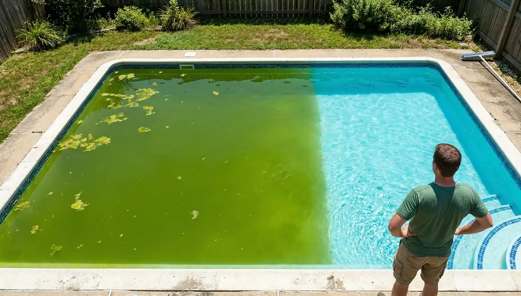 Overhead view of residential pool with murky green algae water and clear blue water contrast, person standing on deck in midday sun.