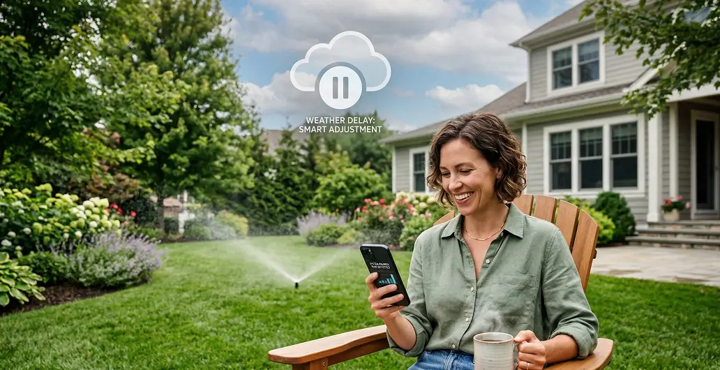 Homeowner using a smartphone to control a smart irrigation system with weather-sense technology in a lush backyard.