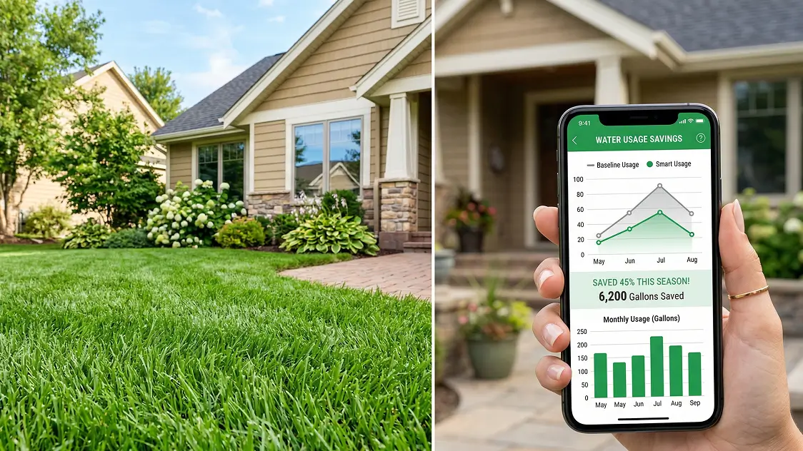 A healthy green lawn and a smartphone displaying water savings data to illustrate smart irrigation benefits.