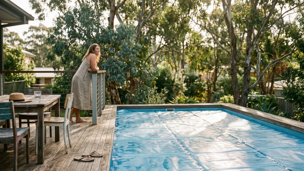 Solar pool cover floating on a backyard swimming pool in Australia to retain heat and reduce evaporation.