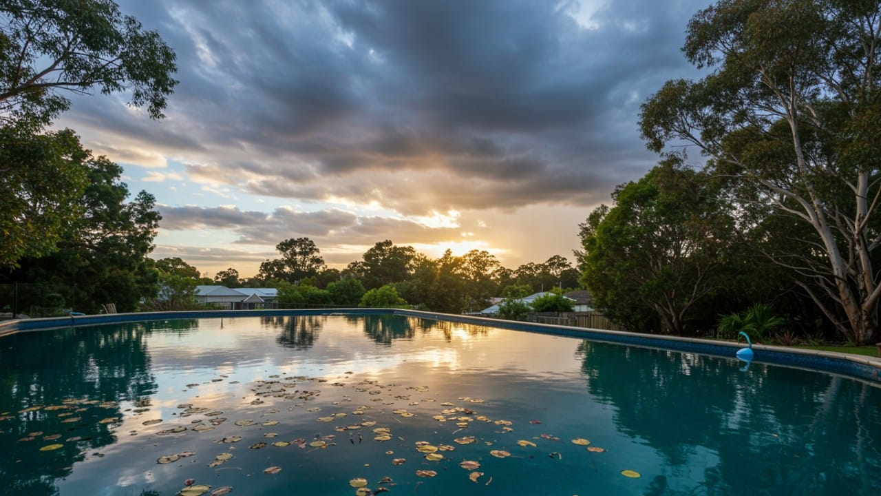 Backyard swimming pool under changing Australian weather with sun, clouds, and floating leaves illustrating weather effects on pool maintenance.