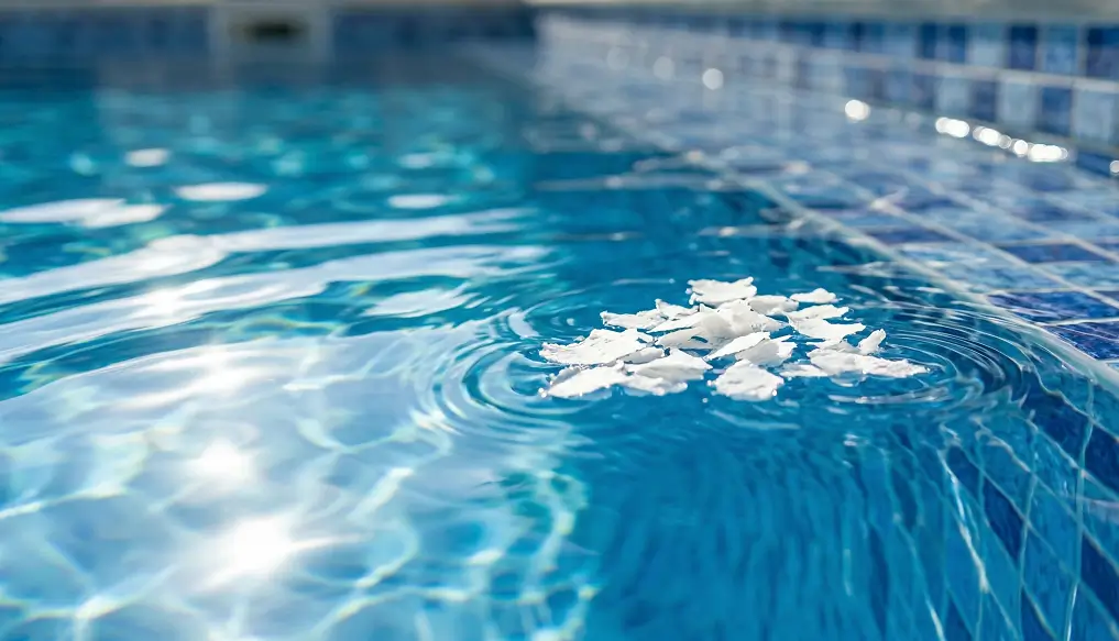 Close-up of white flakes floating on the surface of a blue swimming pool needing identification.