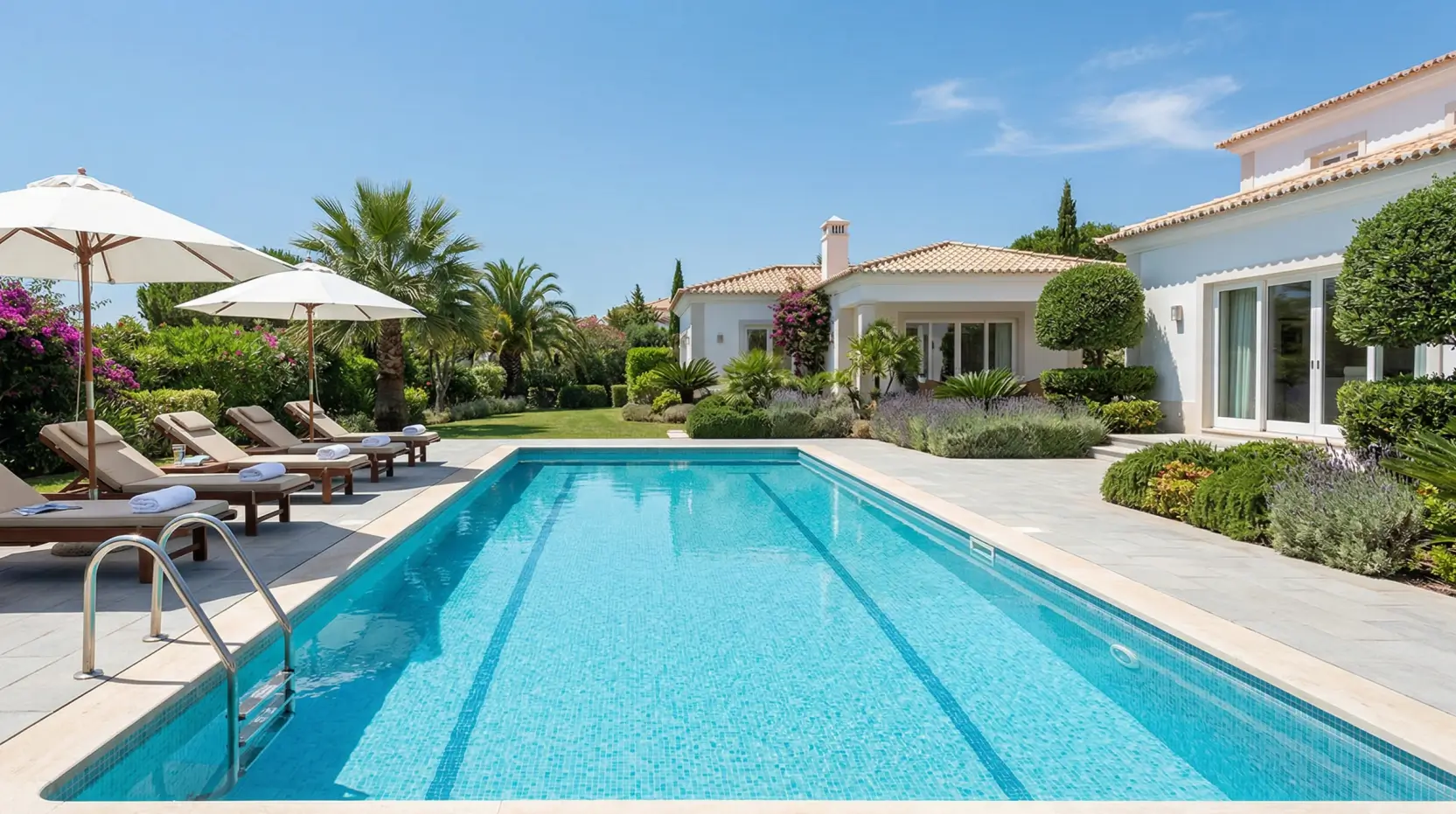 Clean and tidy backyard pool with trimmed landscaping to prevent spiders.